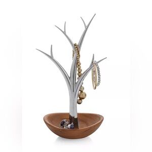 Nambe Silver and Wood Jewelry Tree Stand with Catchall Dish